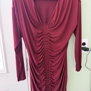 Express Burgundy Long Sleeve Ruched Dress